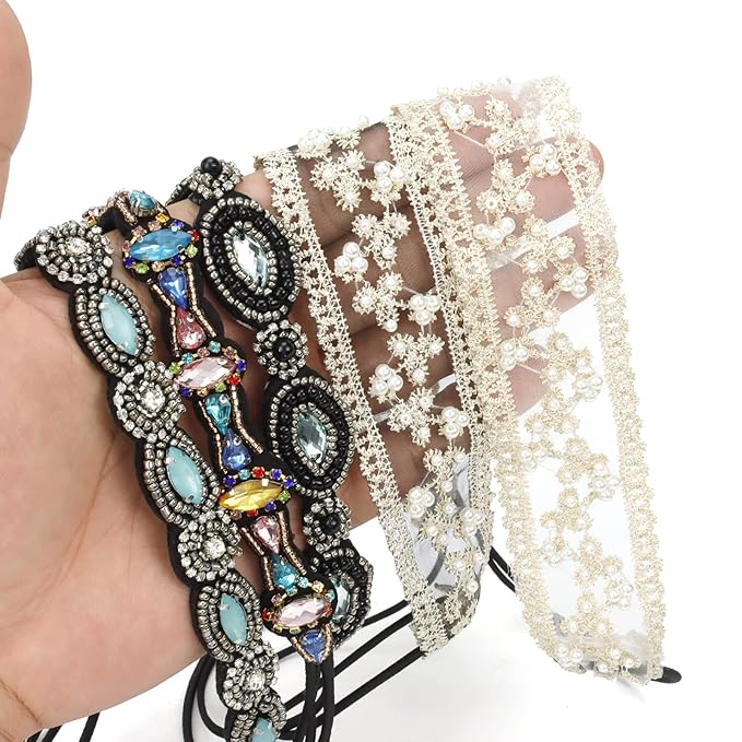 AMCAMI Rhinestone Crystal Beaded Hairbands 5 Pack - Elastic Hippie Hair Accessories for Women and Girls