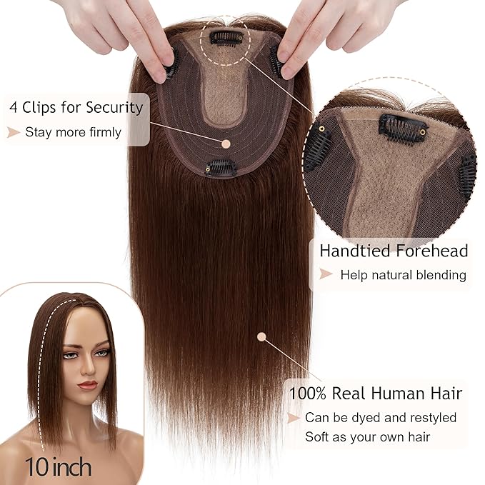 Hair Toppers for Women Real Human Hair No Bangs, 13 * 15 cm Larger Silk Base 150% Density Clip In Topper Hairpieces, Wiglet Top Pieces Add Volume -14 Inch 04 Medium Brown