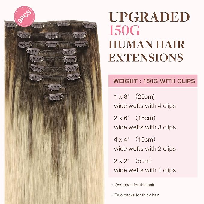 GOO GOO Clip in Hair Extensions Real Human Hair, Remy Human Hair Extensions Clip ins for Women, Natural Human Hair, 18inch 150g 9Pcs, 4/18 Balayage Chocolate Brown Highlighted Dirty Blonde