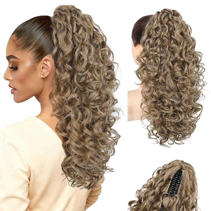 Flufymooz 100％ Pure Protein Ponytail Extension, 18 Inch Curly Claw Clip Ponytail Hair Extensions Natural Soft pony tail hairpiece for women-Ash Brown