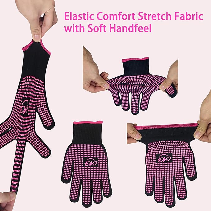 ANGENIL 2 Pcs Heat Resistant Gloves with Silicone Bumps, Heat Gloves for Hot Hair Styling, Professional Heat Proof Glove Suitable for Flat Iron Hair Straightener, Curling Wand and Thermal Brush, Pink