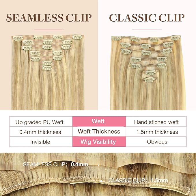 GOO GOO Clip in Hair Extensions Real Human Hair, Remy Human Hair Extensions Clip ins for Women, Natural Human Hair, 12inch 85g 7Pcs, #18D/22F Dirty Blonde Highlights