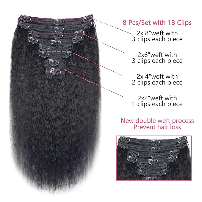Clip in Hair Extensions Real Human Hair Clip Ins 100% Unprocessed Brazilian Virgin Hair Clip Ins Seamless Kinky Straight Hair Clip in Hair Extensions 8pcs with 18 Clips 120g(22inch)