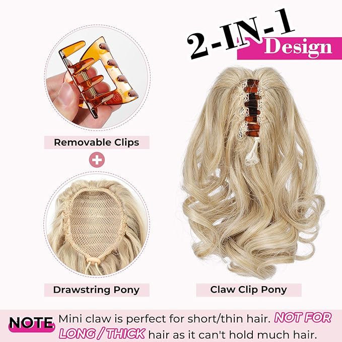 REECHO 9" Short Ponytail Extension, Classic Loose Curly Wavy Claw Clip Pony tails Hair Extensions HP001 Hairpieces for Women - Light Blonde