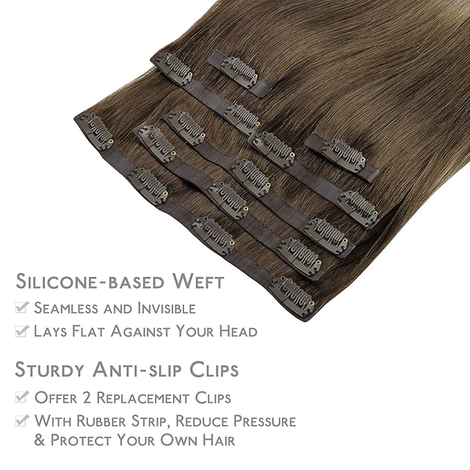 WENNALIFE Seamless Clip In Hair Extensions, 18 Inch 7pcs 130g Ombre Walnut Brown to Ash Brown and Bleach Blonde, Invisible PU Weft Natural Real Human Hair Extensions