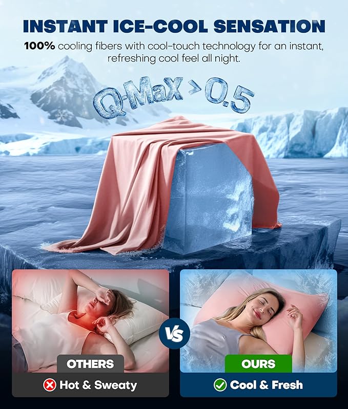Ultra-Chill Cooling Pillowcase Set of 2 for Hot Sleepers, Softer Than Silk Pillow Cases for Protecting Hair & Skin, Breathable Bed Pillow Covers w/Zipper, Gifts for Women & Men (Pink, Standard)