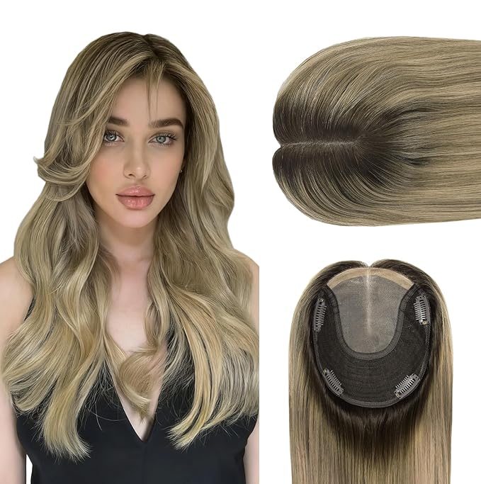 WORLDSTAR Toppers for Women Real Human Hair, Hair Pieces for Women with Thinning Hair,16Inch,6 * 7 Inch Base,75g,#2/6/18 Dark Brown to Chestnut Brown and Dirty Blonde, Clip in Topper (tp#2/6/18-16)