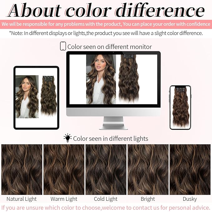 KooKaStyle Clip in Long Wavy Synthetic Hair Extension 20 Inch 4PCS Balayage Dark Brown to Chestnut Hairpieces Fiber Thick Double Weft Hair Extension for Women