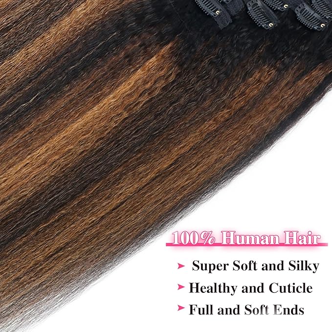 F1B/30 Omber Kinky Straight Clip in Hair Extensions Real Human Hair For Women Highlight Hair Extensions Kinky Straight Clip ins(20inch,T1BP1B/30)