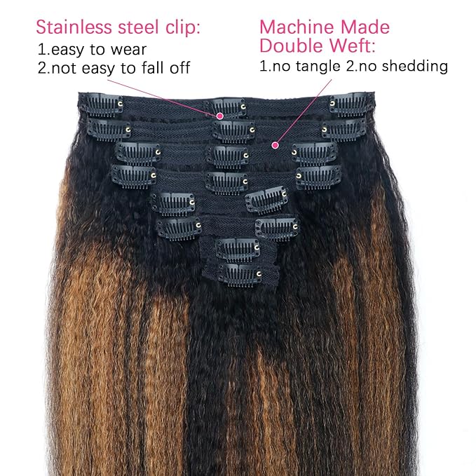 Kinky Straight Clip in Hair Extensions Real Human Hair For Women Highlight Hair Extensions Kinky Straight Clip ins (22inch,T1BP1B/30)