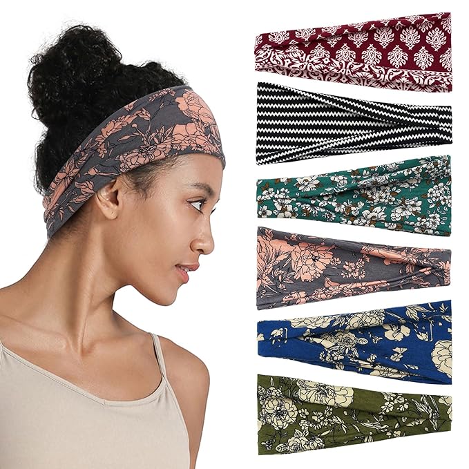 Boho Headbands for Women, 6 Pack Wide Non-Slip Stretchy Hair Bands for Yoga, Workout, Running, Fashion Hair Accessories for Women's Hair（Shape 1）