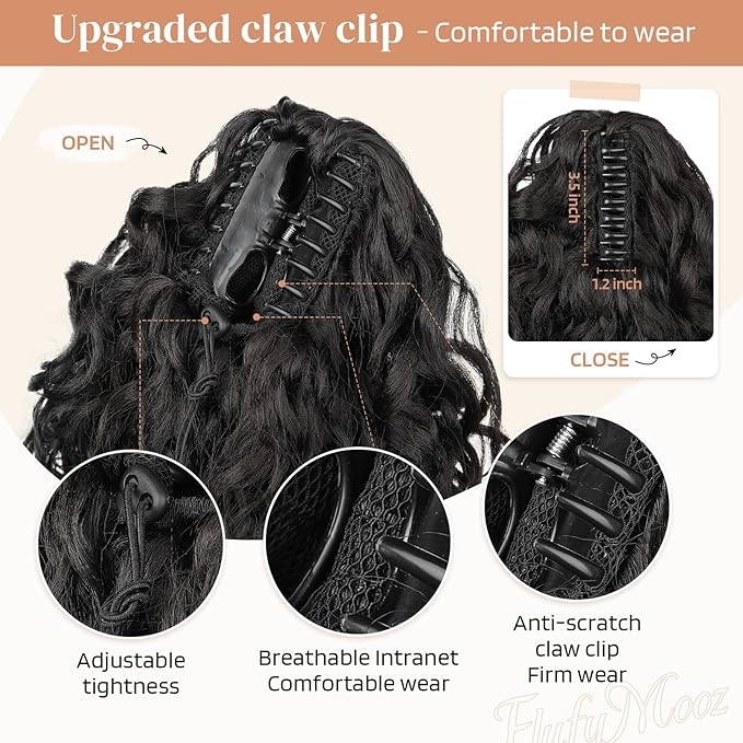 Flufymooz 100％ Pure Protein Ponytail Extension, 18 Inch Curly Claw Clip Ponytail Hair Extensions Natural Soft pony tail hairpiece for women-Dark Chocolate Brown