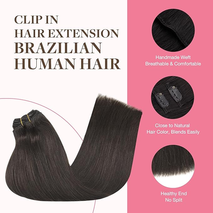 GOO GOO Clip in Hair Extensions Real Human Hair, Remy Human Hair Extensions Clip ins for Women, Natural Human Hair, 24inch 150g 9Pcs, #2 Dark Brown