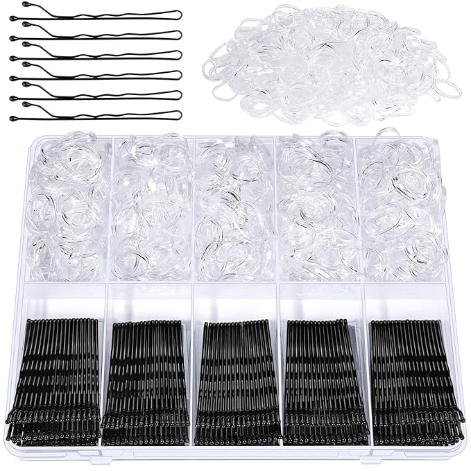 YGDZ 750PCS Bobby Pins Black Kit, 250 Hair Pins for Women, 2 Inch Wave Bobby Pins for Black Hair, 500 Clear Elastic Hair Ties, Bulk Hair Pin for Buns, Hair Accessories for Women, Kids, Girls