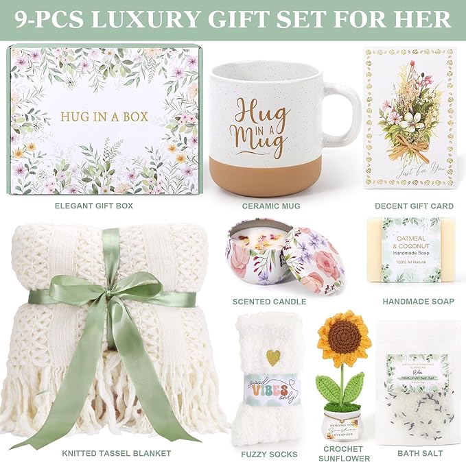 Get Well Soon Gift Baskets for Women, Self Care Gifts for Women Birthday Care Package Spa Kit, Inspirational Sunflower Christmas Gifts for Mom Her Friend Sister Wife, Thinking of You Sympathy Gift