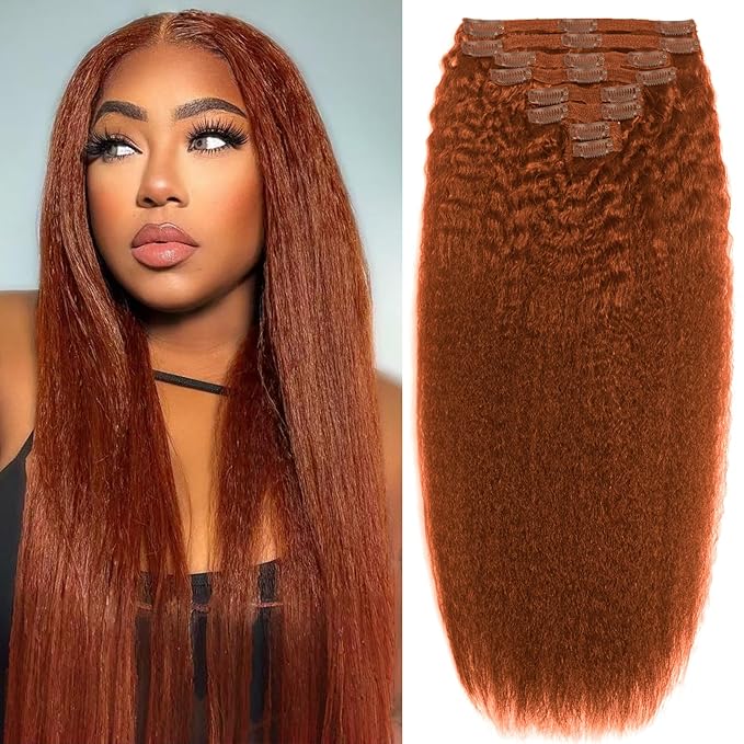 Copper Kinky Straight Clip in Hair Extensions Real Human Hair 110g 8pcs 18clips Human Hair Clip ins Double Weft Brazilian Clip Ins Human Hair for Women (#350 18inch)