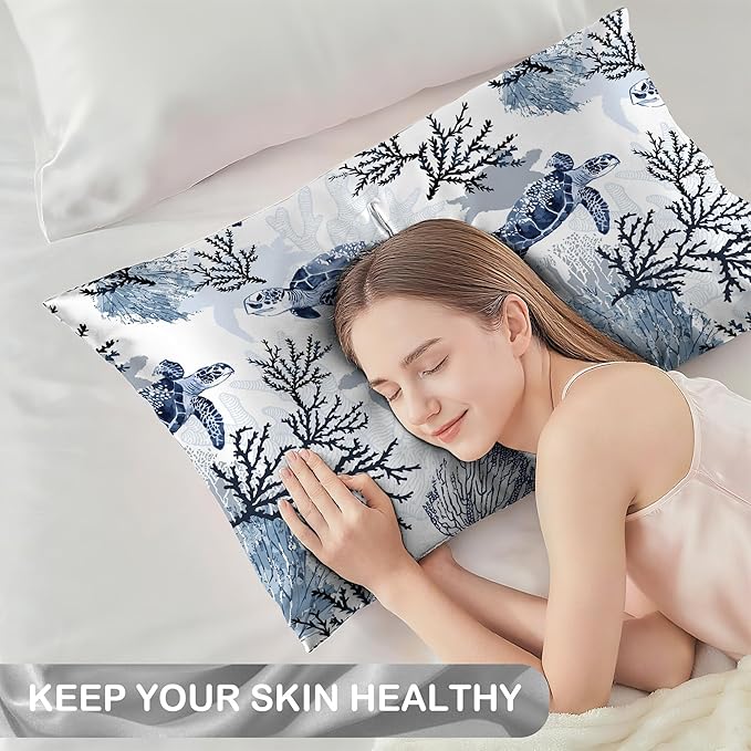 Nautical Turtle and Corals Satin Pillow Case Queen Size,Soft Pillowcases for Hair and Skin Similar to Silk,Pillowcases with Hidden Zipper Bedding Accessories,20X30 Inches,1 Pack