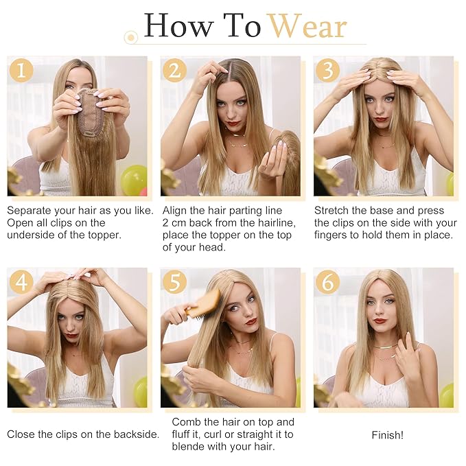 SEGO Human Hair Toppers for Women With Thinning Hair, 7 * 13CM Silk Base 100% Real Human Hair Clip in Top Wiglet Hairpieces /8 Inch No Bangs Platinum Blonde