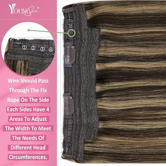 YoungSee 135G Invisible Wire Hair Extensions Real Human Hair Brown Highlights Wire Human Hair Extensions Highlights Dark Brown with Blonde One Piece Hair Extensions Long Straight Hair 24inch