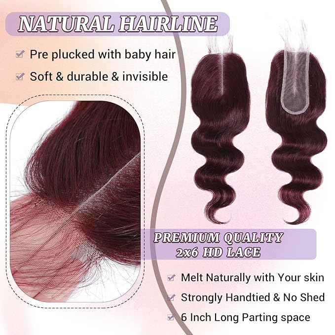 2x6 HD Lace Closure Human Hair Body Wave 99J Burgundy Dark Red Wine Color Transparent Lace Closure 2x6 Long Deep Middle Part 100% Raw Virgin Human Hair 20 Inch 150% Density