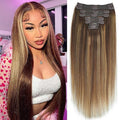 #4/27/4 Yaki Straight Clip in Hair Extensions Real Human Hair Omber Clip ins For Women Yaki Straight Clip on Hair(16inch,#4/27/4)