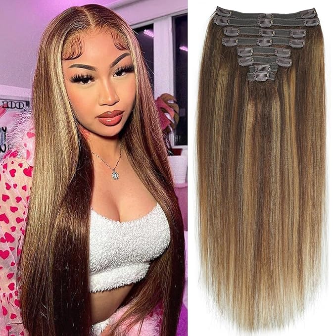 #4/27/4 Yaki Straight Clip in Hair Extensions Real Human Hair Omber Clip ins For Women Yaki Straight Clip on Hair(16inch,#4/27/4)
