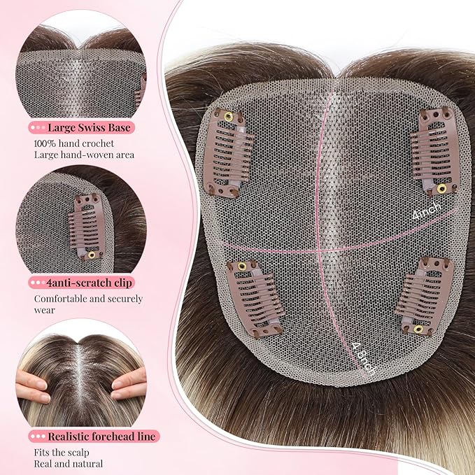 Human Hair Topper 12Inch 4x4.8inch Large Swiss Base with Thinning Hair (Ombre Light Brown with Blond Highlight)