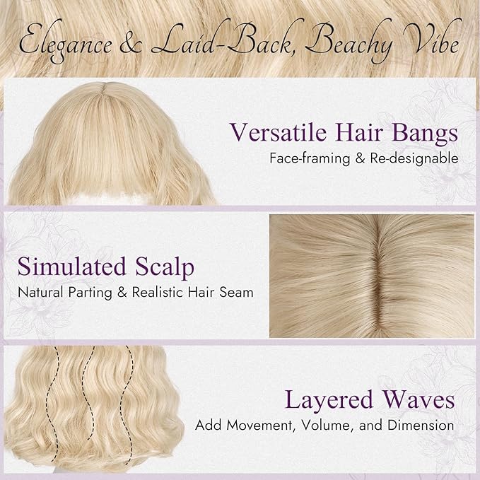 BARSDAR Light Blonde Short Wavy Wig with Bangs - Short Wavy Blonde Wigs for Women - Soft Synthetic Textured Curly French Bob Wig with Bangs Natural Looking Face-Framing Daily Party Halloween