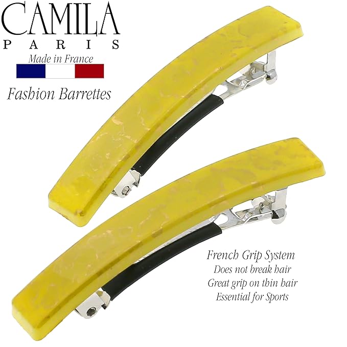 Camila Paris CP3043 French Hair Barrette Clip for Girls, Set of 2 Yellow Rubberized Metal Clasp Strong Hold Grip Hair Clips for Women, No Slip Durable Styling Girls Hair Accessories, Made in France