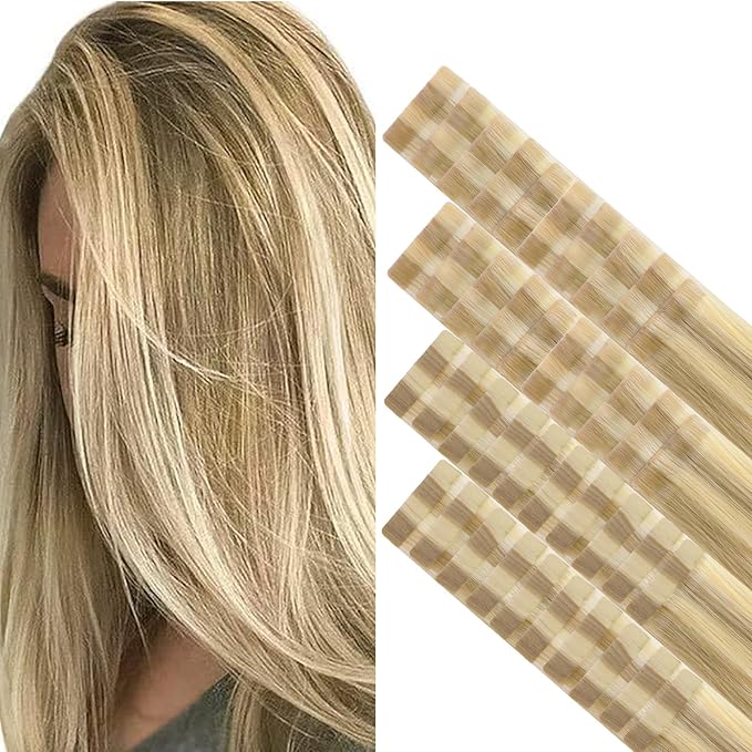 GOO GOO Invisi Edge Tape in Hair Extensions Human Hair, 16/22 Light Blonde Highlighted Golden Blonde 20pcs injected with 20pcs classical tape ins, 18inch 100g, Virgin Remy Hair, Natural Look