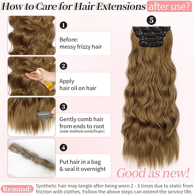 KooKaStyle Clip in Synthetic Hair Extensions Long Wavy 4PCS Thick Hairpieces Brown with Multi - Tone Highlights Fiber Double Weft Natural 24 Inch for Women
