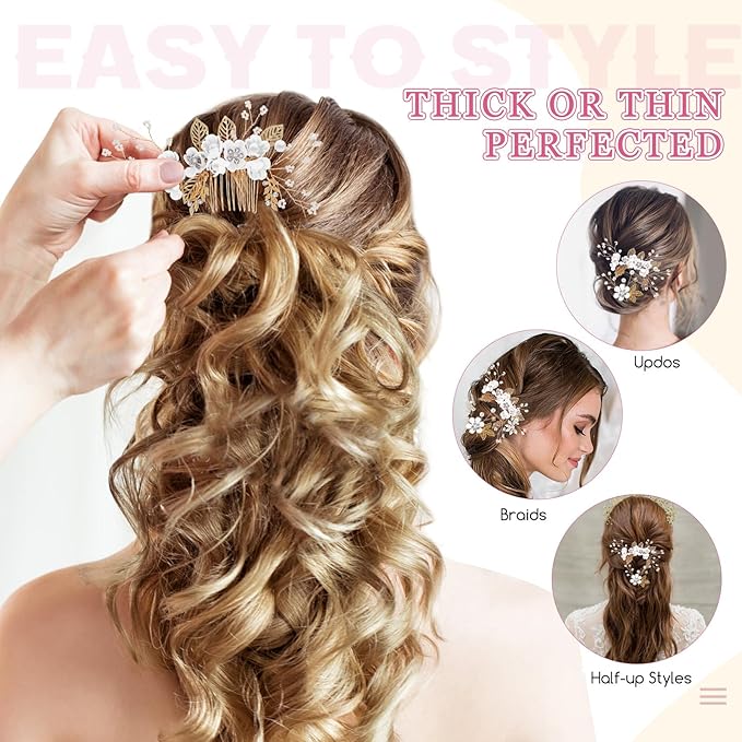 Wedding Flower Hair Accessories for Women: 4pcs Leaf and Flower Hair Combs for Women Accessories - Crystal Pearl Wedding Flower Clips Headpiece for Brides Bridesmaids Girls Updo (White)