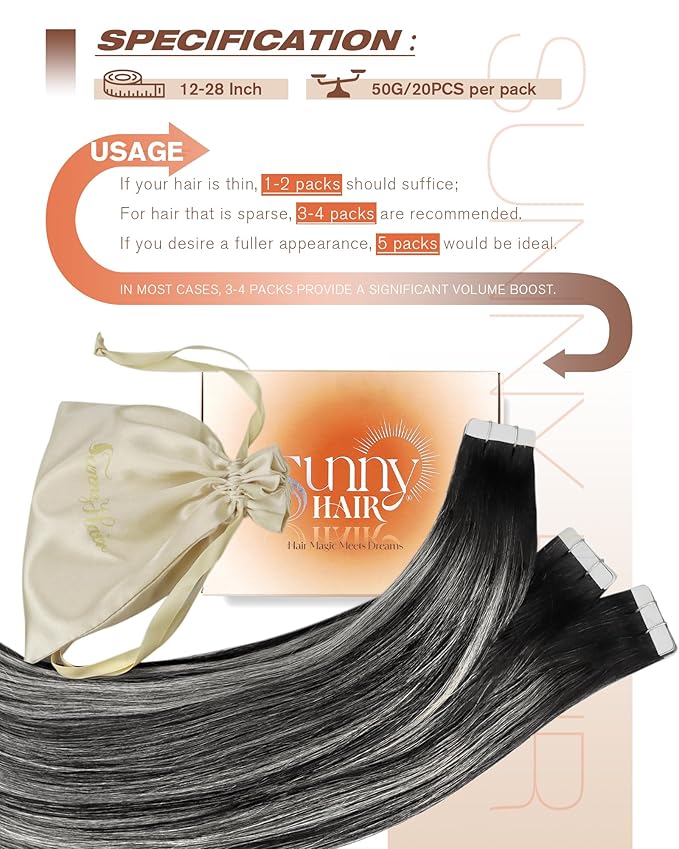 Sunny Hair Tape in Hair Extensions Human Hair Black Balayage Silver Hair Extensions Real Human Hair Tape ins 24 inch Tape in Extensions 20Pcs 50G