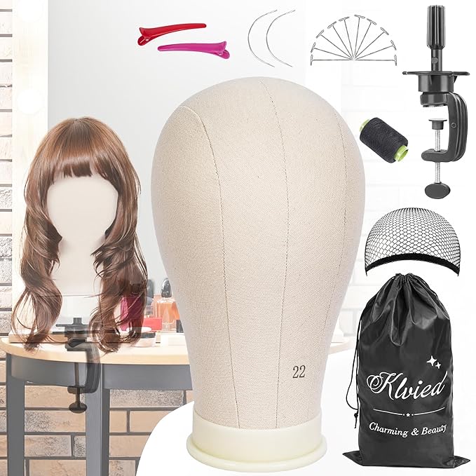 Klvied 22 Inch Cork Canvas Block Head Mannequin Head for Wigs, Wig Head Stand for Display Styling Wigs Making Kit ，Including Doll Head Storage Bag