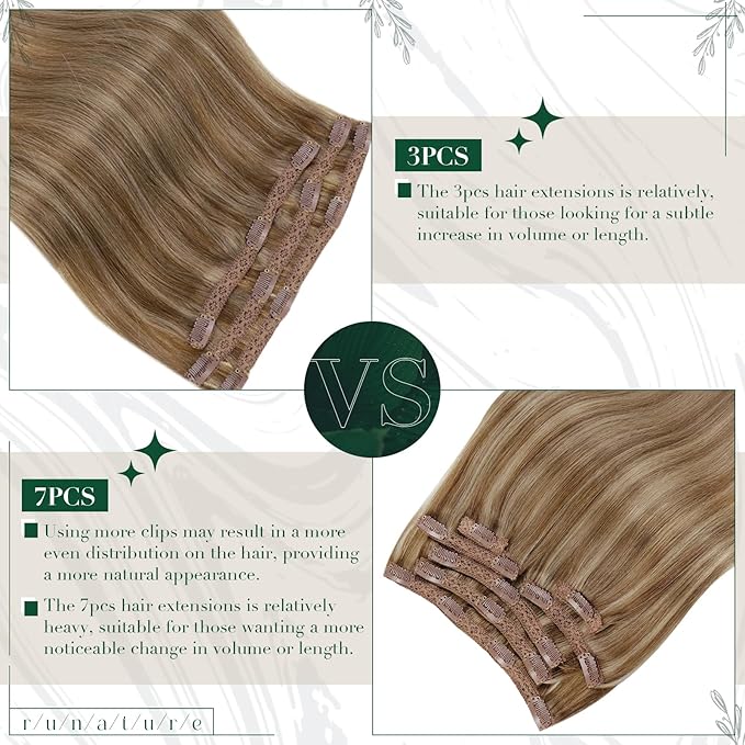 RUNATURE Blonde Clip in Hair Extensions, Real Human Hair Clip in Extensions, Remy Hair Extensions Clip Ins, Add Hair Volume, 14 Inch 50g 3pcs #10P16 Dark Blonde Highlight Caramel Blonde