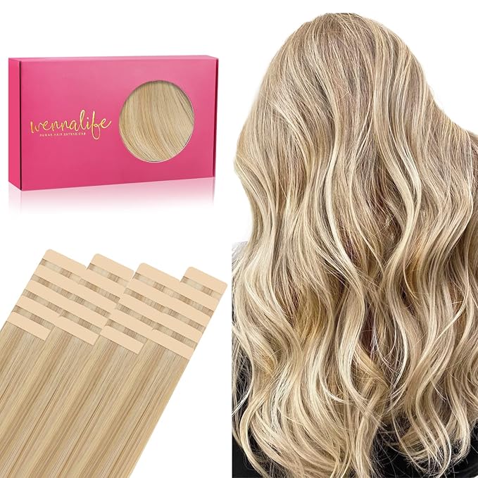 WENNALIFE Tape in Hair Extensions Human Hair, 20pcs 50g 24 inch Light Blonde Highlighted Golden Blonde Remy Hair Extensions Straight Human Hair Tape in Extensions Skin Weft Tape Extensions Human Hair