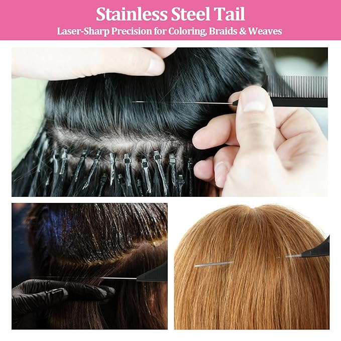 8 Pack Rat Tail Combs Set Stainless Steel Pintail Comb, Professional Rat Tail Combs for Styling, Sectioning & Hair Coloring for Salon & Home Use