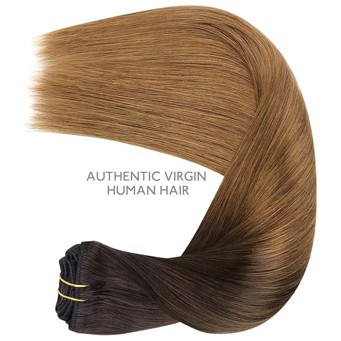 WENNALIFE Clip in Hair Extensions Real Human Hair, 14 Inch 110g 7pcs Remy Hair, Ombre Dark Brown to Light Chestnut Brown Straight Natural Extensiones De Cabello Humano Con Clip Ins