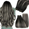 YoungSee Black Weft Hair Extensions Human Hair Balayage Sew in Hair Extensions Ombre Double Weft Human Hair Extension Natural Black Mix Silver Blonde 16 inch 100g
