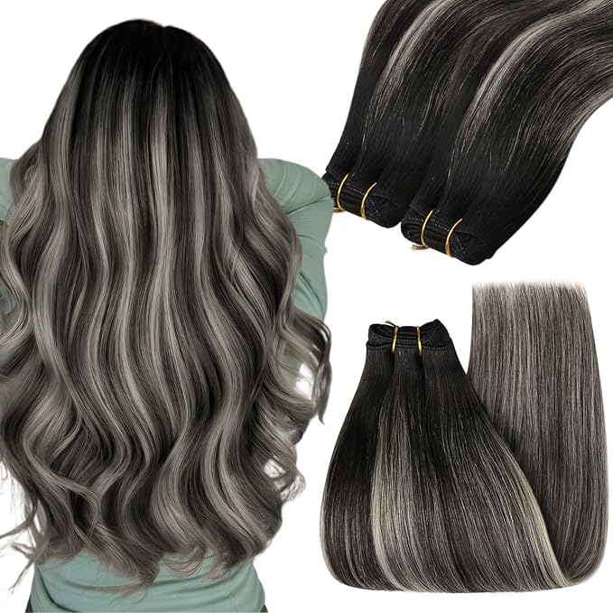 YoungSee Black Weft Hair Extensions Human Hair Balayage Sew in Hair Extensions Ombre Double Weft Human Hair Extension Natural Black Mix Silver Blonde 16 inch 100g