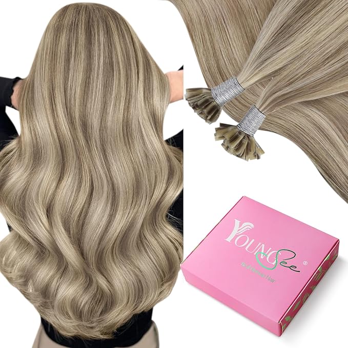 YoungSee U Tips Hair Extensions Real Human Hair Brown to Blonde U Tip Extensions for Women Light Brown Highlight Blonde Hair Extension U Tips 22In Ktip Hair Extension Human Hair Straight 50s/50g