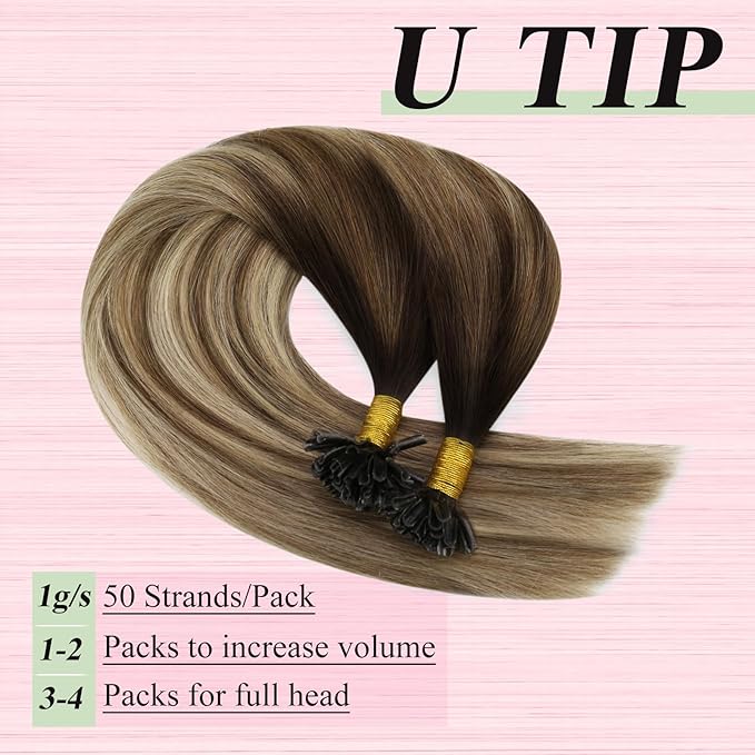 YoungSee Utip Hair Extensions Balayage U Tip Hair Extensions Real Human Hair Ombre Dark Brown to Brown with Blonde Silky Straight 16In 50s/50g