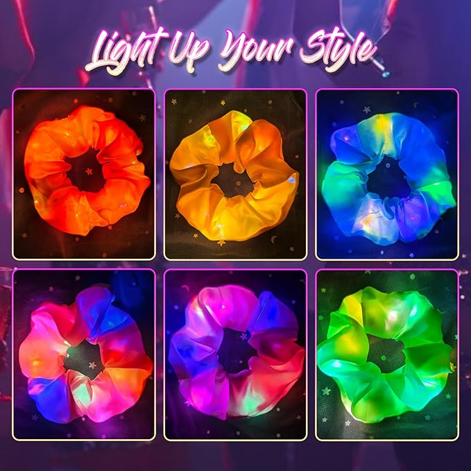 6 Pcs LED Scrunchies for Women, Colorful Satin Scrunchy, Light Up Scrunchies for Girls, 3 Light Modes, Glow in the Dark Hair Accessories