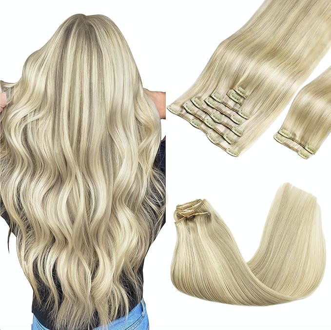 GOO GOO Clip in Hair Extensions Real Human Hair, Remy Human Hair Extensions Clip ins for Women, Natural Human Hair, 24inch 150g 9Pcs, #17A/60A Ash Blonde Highlighted Platinum Blonde