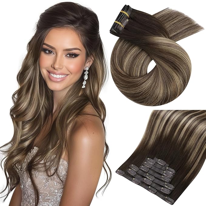 Moresoo Brown to Blonde Seamless Clip in Hair Extensions Real Human Hair Dark Brown to Honey Blonde Ombre Human Hair Extensions Clip ins Long Full Head 120g/7pcs 22 inch