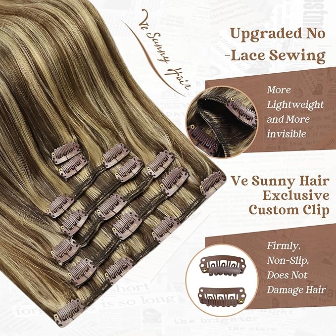 Ve Sunny Clip in Human Hair Extensions Highlights Brown Clip in Hair Extensions Real Human Hair Highlights Dark Brown with Caramel Blonde Natural Look Hair Extensions for Women 120g 18inch 7pcs