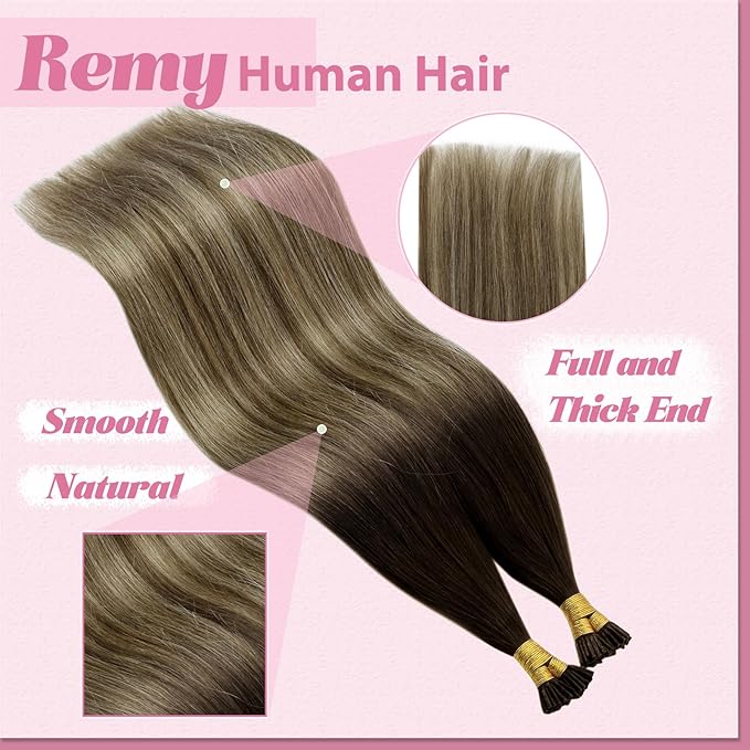 YoungSee I Tip Hair Extensions Balayage Itip Hair Extensions Human Hair Balayage Brown with Blonde I Tips Human Hair Extension 18 Inch Invisible I-Tip Hair Ombre for Adding Hair Volume 50g 60s