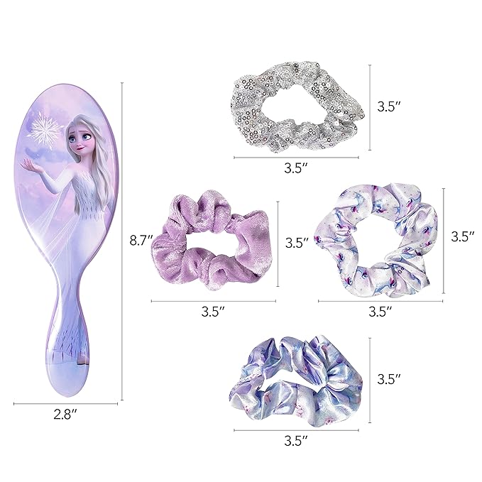 Frozen Princess Elsa Hair Accessory 5 Pcs Set - 1 Regular 9 inch Frozen Hairbrush & 4 Frozen Scrunchies - Detangling Brush & Elastic Hair Ties Ropes for Girls, Ages 3+