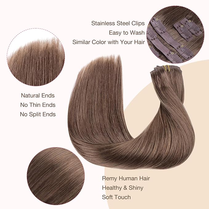 GOO GOO Clip in Hair Extensions Real Human Hair, Remy Human Hair Extensions Clip ins for Women, Natural Human Hair, 16inch 110g 7Pcs, 5 Light Ash Brown