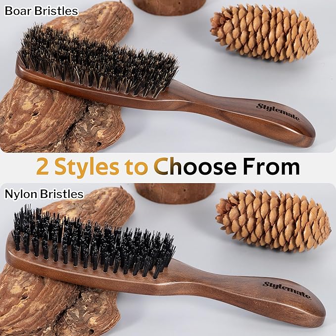 Boar Bristle Hair Brush for Men, Mens Slick Back Hair Brush with Stiff Bristles & Wooden Walnut Handle for Thick & Fine Hair Smoothing, Detangling, Styling, Beard Straightens